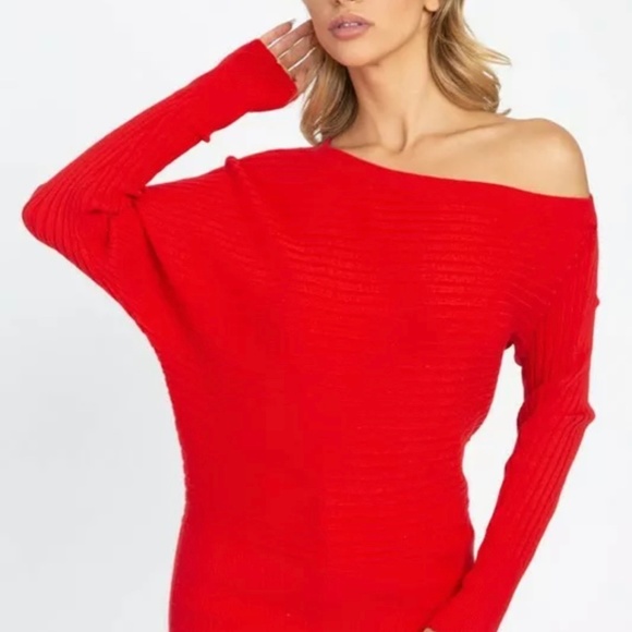 Off Shoulder Dolman Soft Slouchy Sweater Top Red - Picture 5 of 6